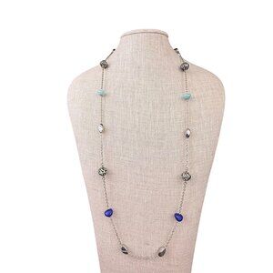 Rmn Womens Silver Tone Multi-Stone Long Necklace Chain Blue/Cream Accent